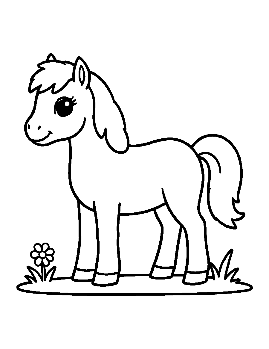 Line drawing of a smiling pony standing sideways on a grass line beside a daisy