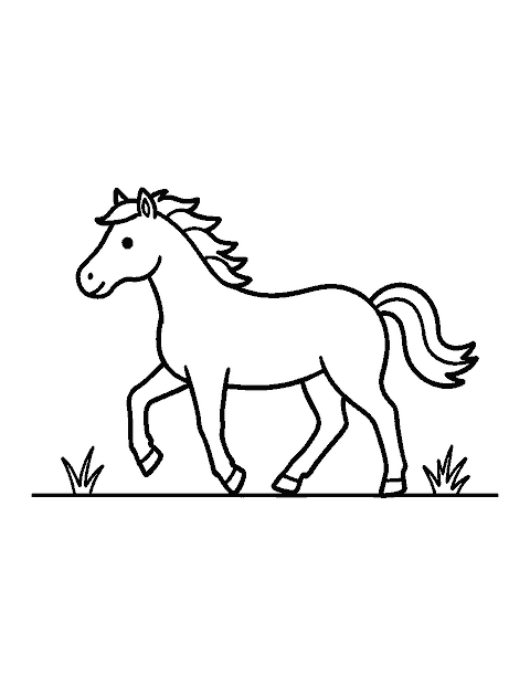 Line drawing of a horse trotting sideways with one front leg raised