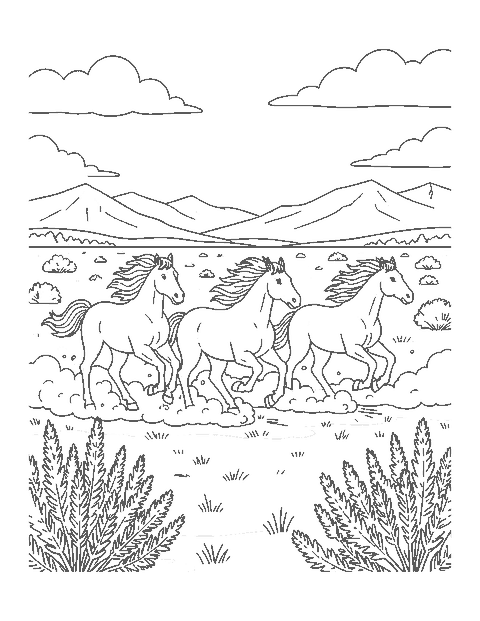 Line drawing of three wild horses galloping across a prairie toward distant mountains