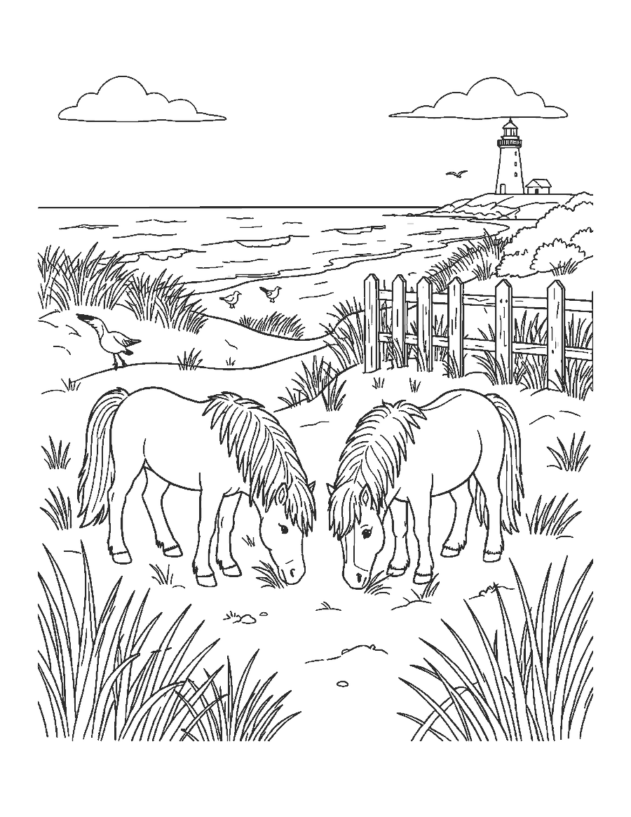 Line drawing of two wild ponies grazing among sand dunes with waves and a distant lighthouse