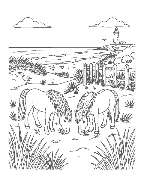 Line drawing of two wild ponies grazing among sand dunes with waves and a distant lighthouse