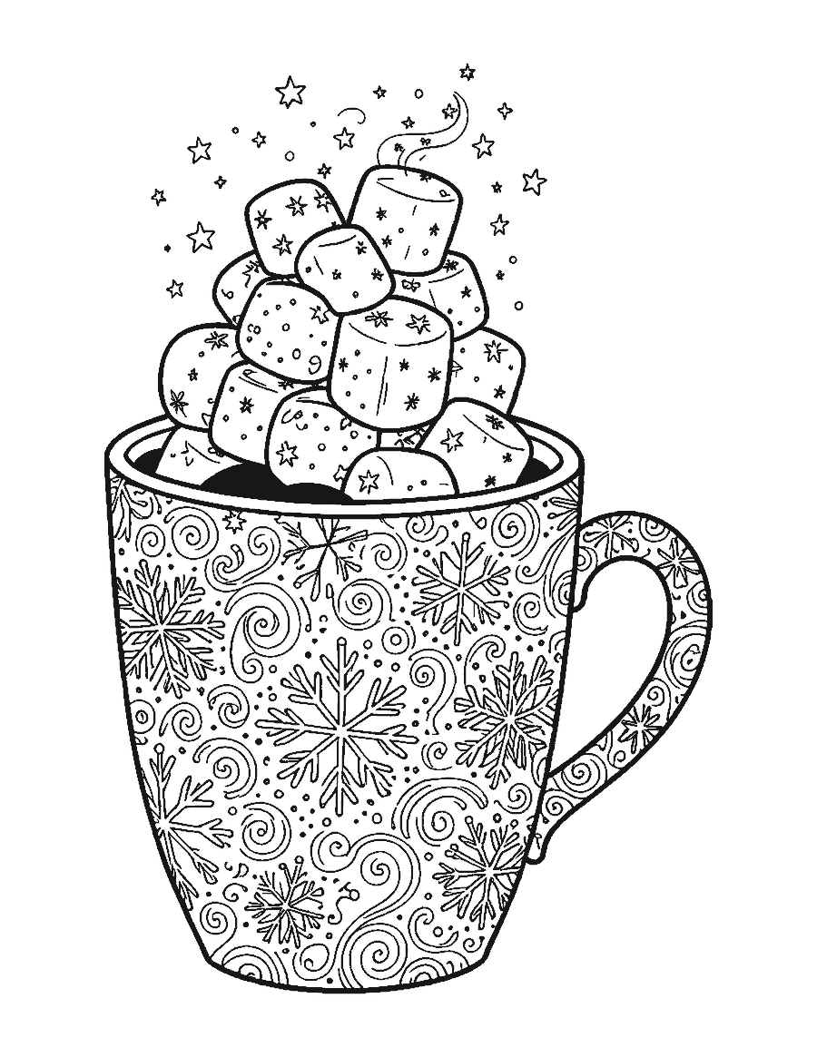 Line drawing of a big hot cocoa mug covered in snowflake and swirl doodle patterns