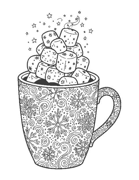 Line drawing of a big hot cocoa mug covered in snowflake and swirl doodle patterns