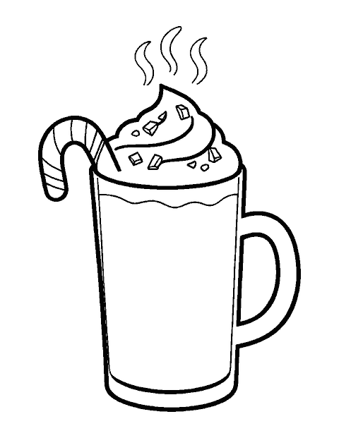 Line drawing of a mug of hot chocolate with whipped cream and a candy cane on the rim