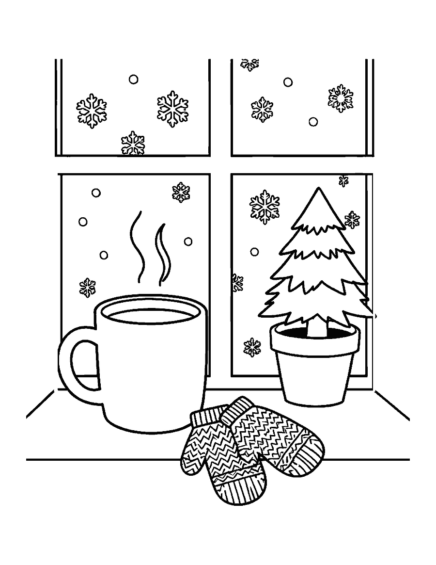 Line drawing of a mug of hot cocoa and knitted mittens on a windowsill with snow outside