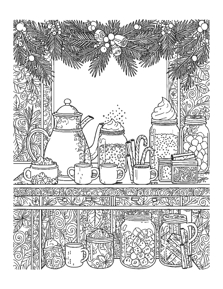 Line drawing of a hot cocoa bar with mugs, jars of marshmallows, candy canes and a garland