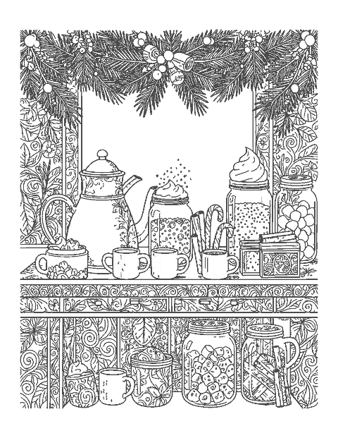 Line drawing of a hot cocoa bar with mugs, jars of marshmallows, candy canes and a garland