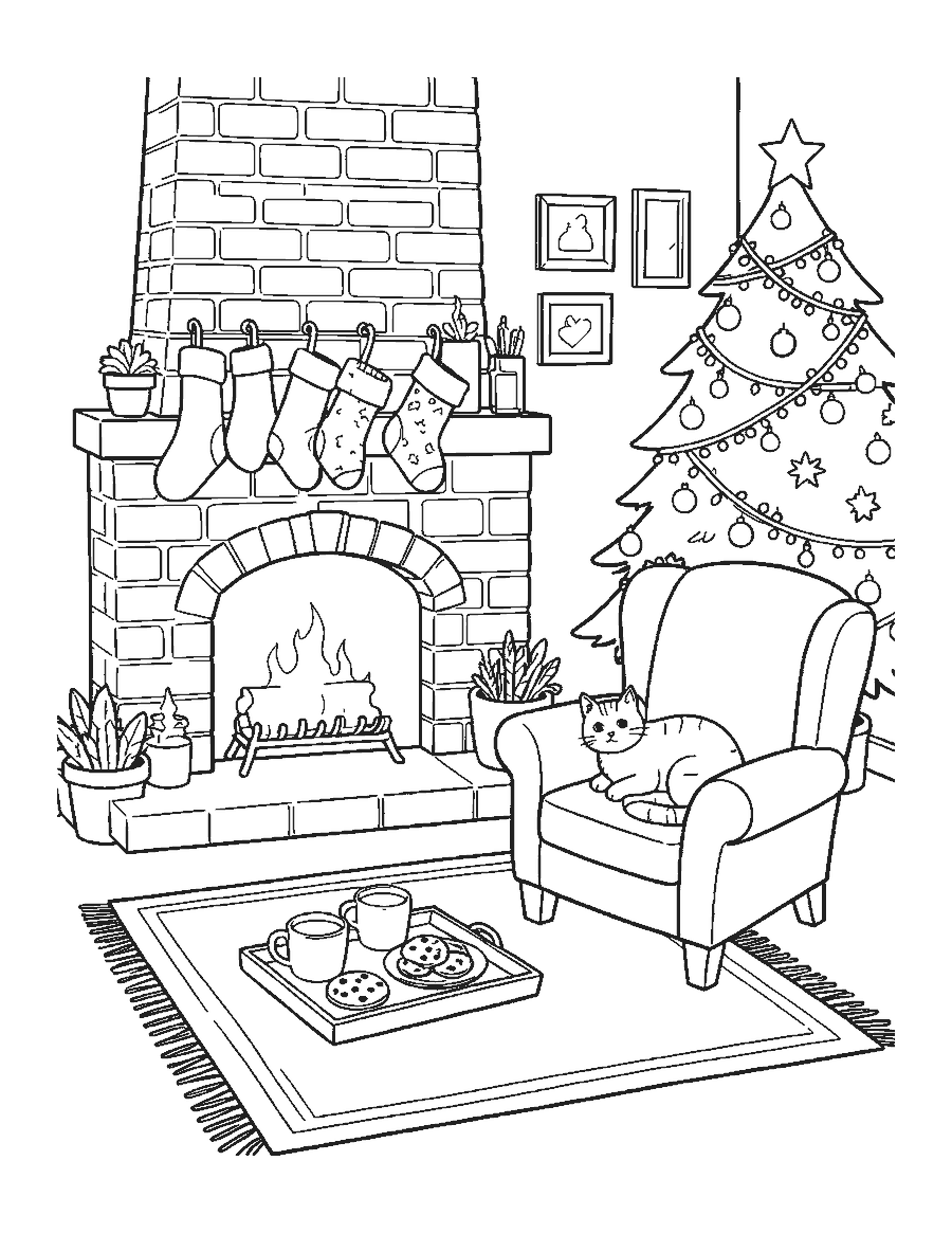 Line drawing of a tray of hot cocoa by a fireplace with stockings, a cat and a Christmas tree