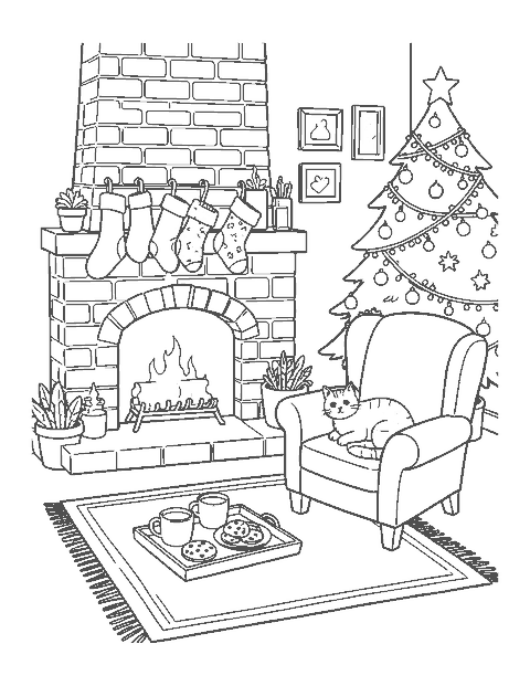 Line drawing of a tray of hot cocoa by a fireplace with stockings, a cat and a Christmas tree
