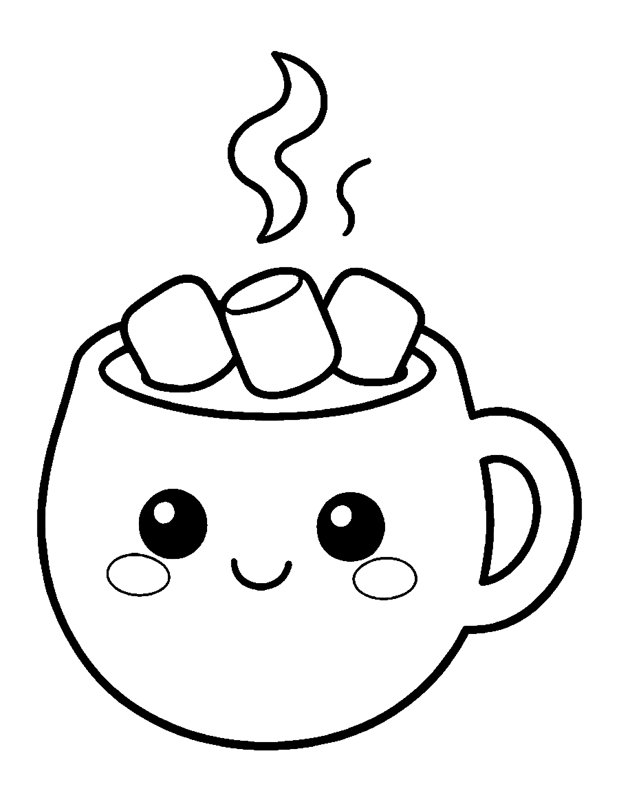 Line drawing of a cute smiling mug of hot cocoa with marshmallows and curly steam