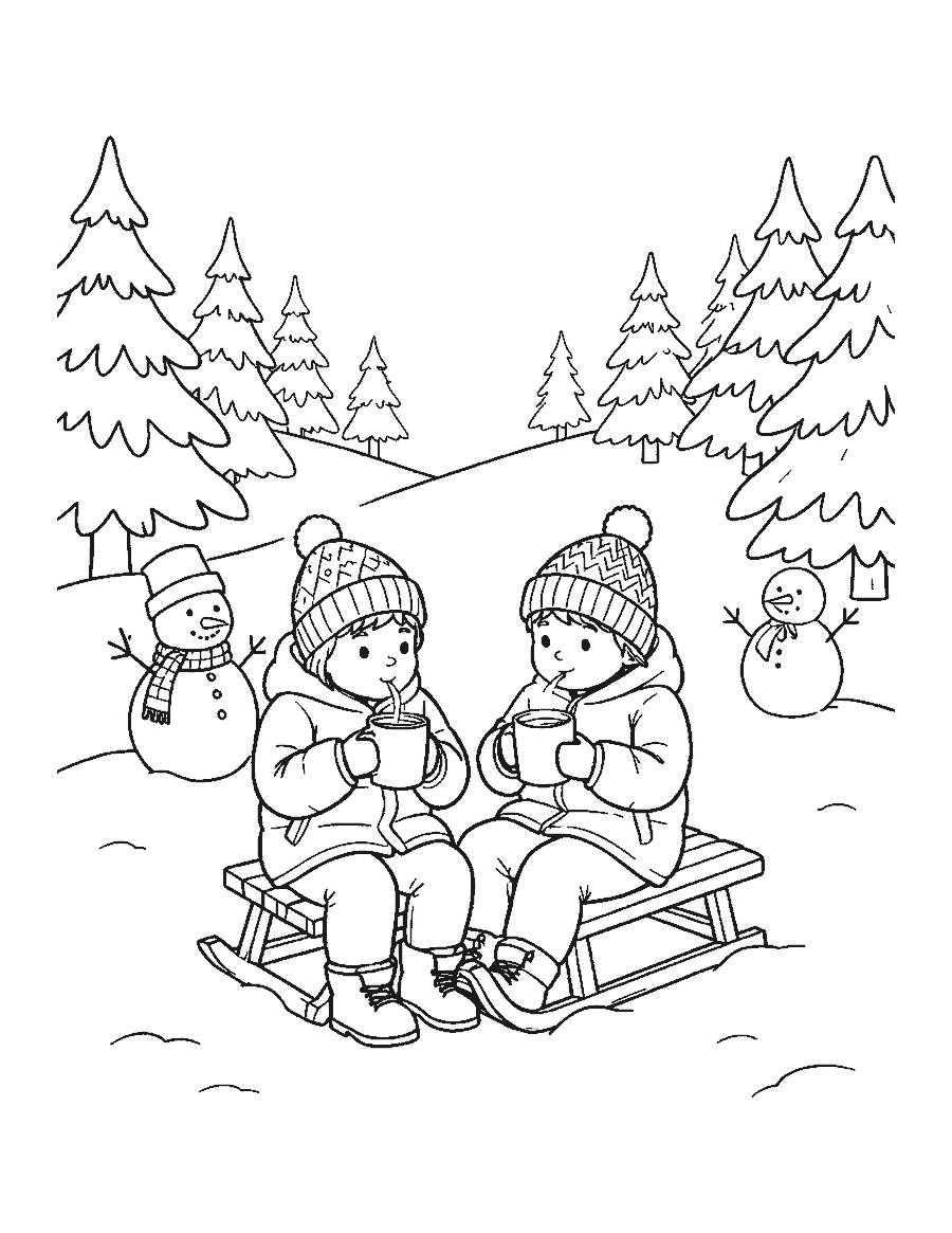 Line drawing of two children on a sled sipping hot cocoa with a snowman and pine trees