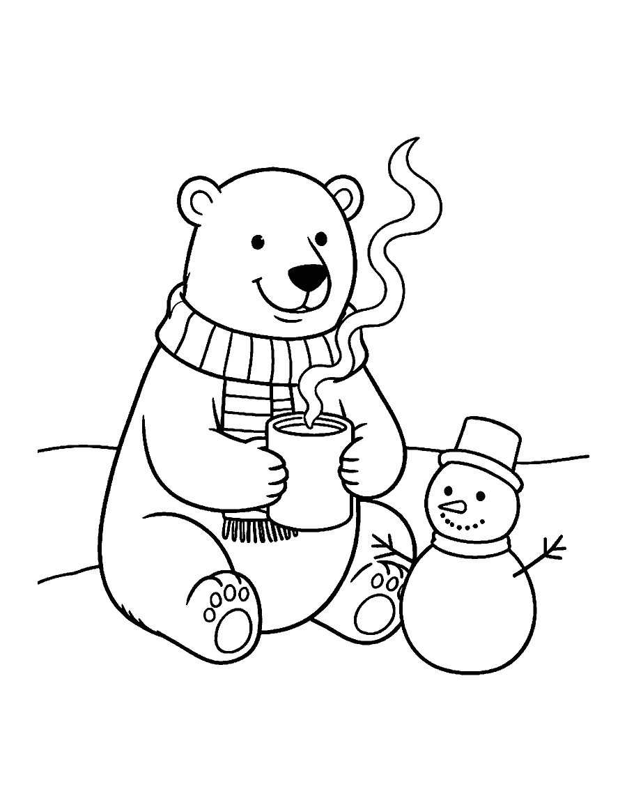 Line drawing of a polar bear in a scarf sitting in the snow with a mug of hot cocoa