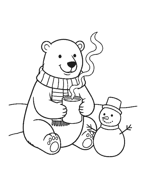 Line drawing of a polar bear in a scarf sitting in the snow with a mug of hot cocoa