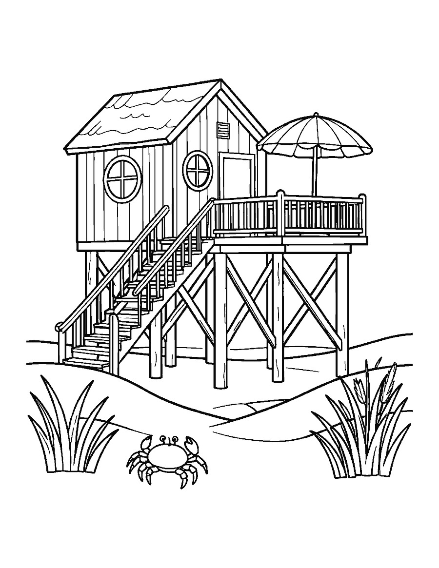 Line drawing of a beach house on wooden stilts with a deck, sand dunes and a crab