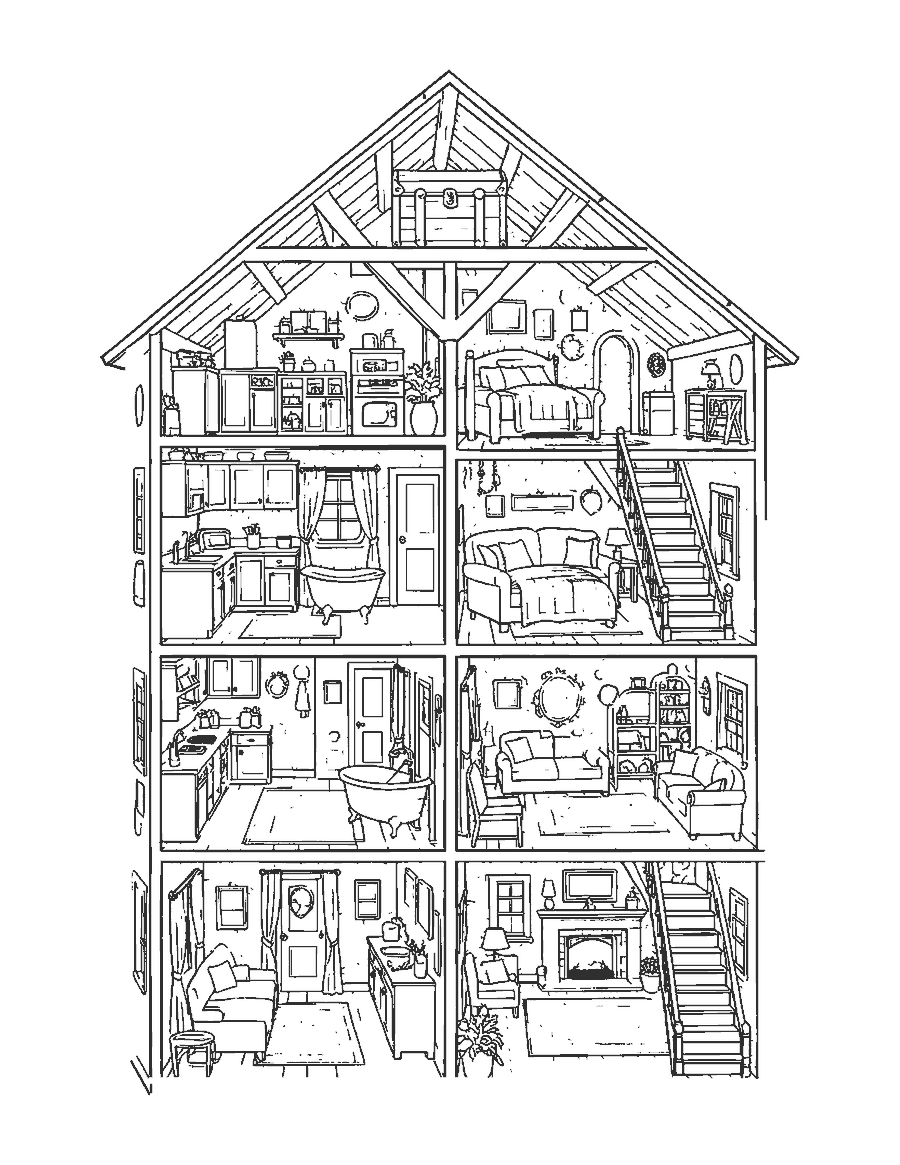 Line drawing of an open dollhouse showing a kitchen, bedroom, bath, living room and attic