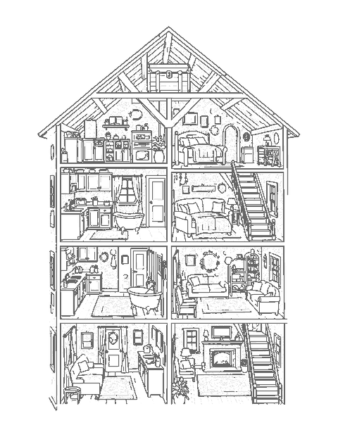 Line drawing of an open dollhouse showing a kitchen, bedroom, bath, living room and attic