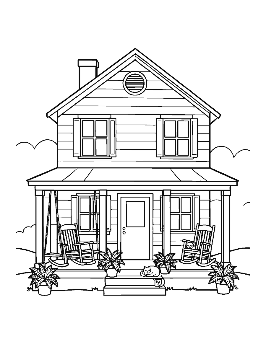 Line drawing of a two-story farmhouse with a porch swing, a rocking chair and a cat on the steps
