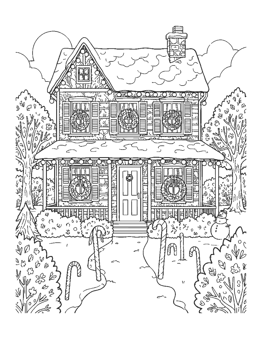 Line drawing of a snowy two-story house trimmed with strings of holiday bulbs and wreaths