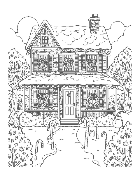 Line drawing of a snowy two-story house trimmed with strings of holiday bulbs and wreaths