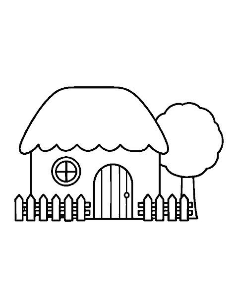 Line drawing of a small thatched cottage with a round window, arched door and picket fence