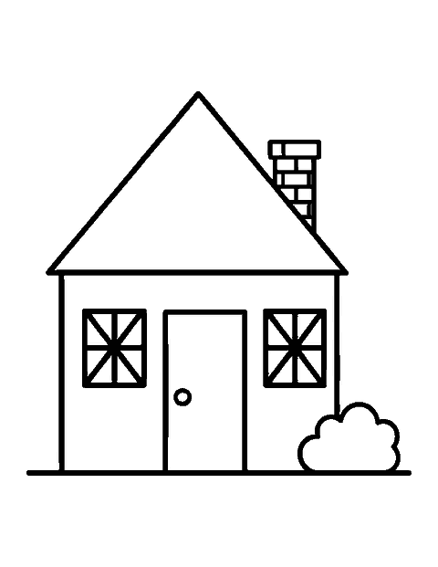 Line drawing of a simple house with a pointed roof, a door, two windows and a chimney