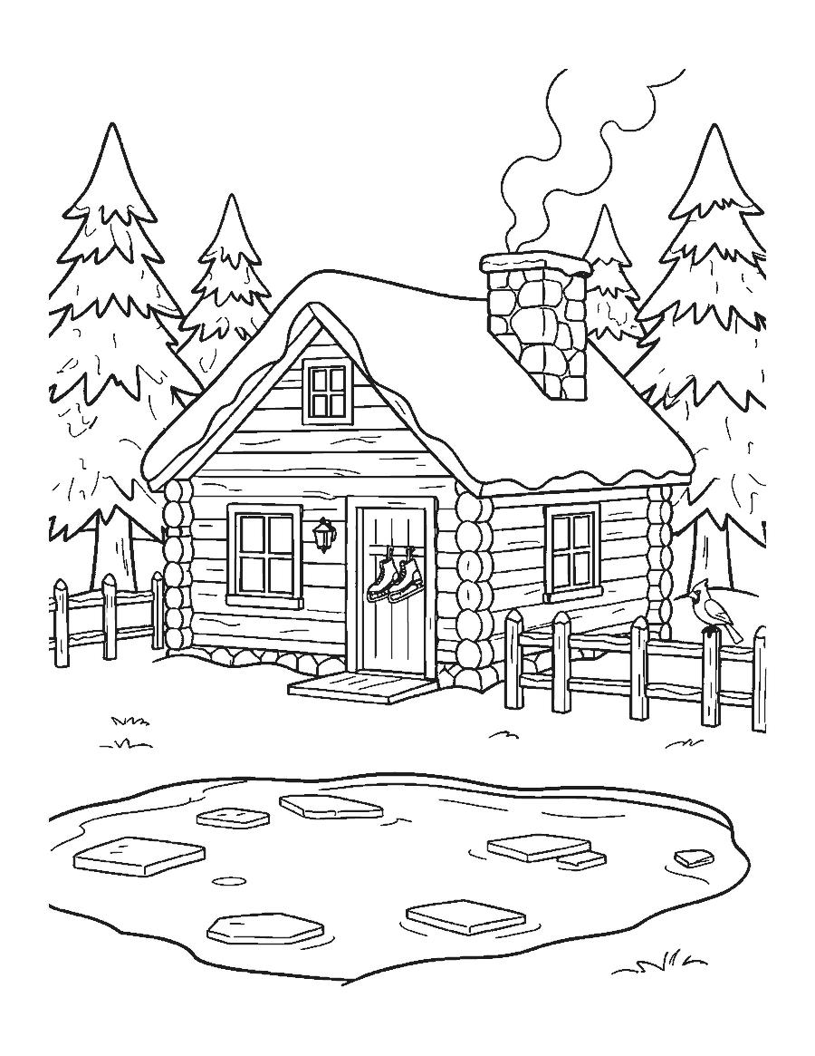 Line drawing of a snowy log cabin by an icy pond with skates by the door and pine trees