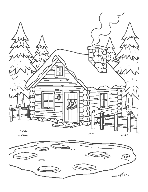 Line drawing of a snowy log cabin by an icy pond with skates by the door and pine trees