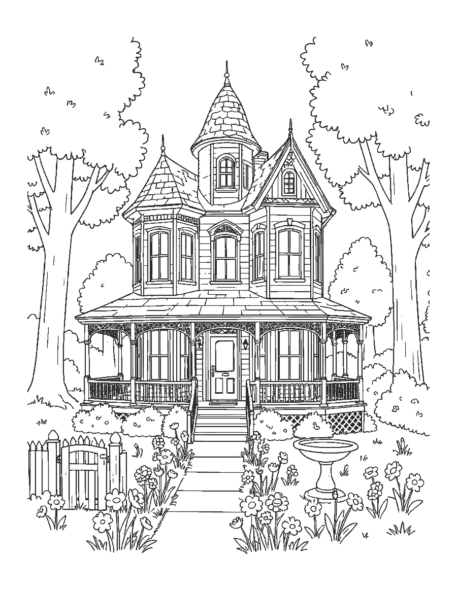 Line drawing of a Victorian house with a turret, a wraparound porch and a flower garden