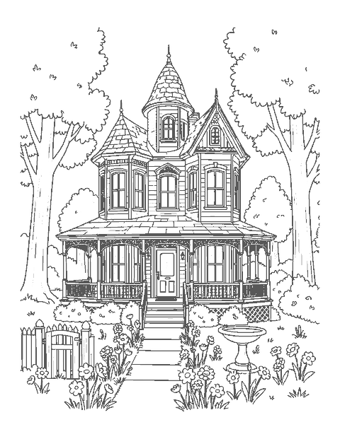 Line drawing of a Victorian house with a turret, a wraparound porch and a flower garden