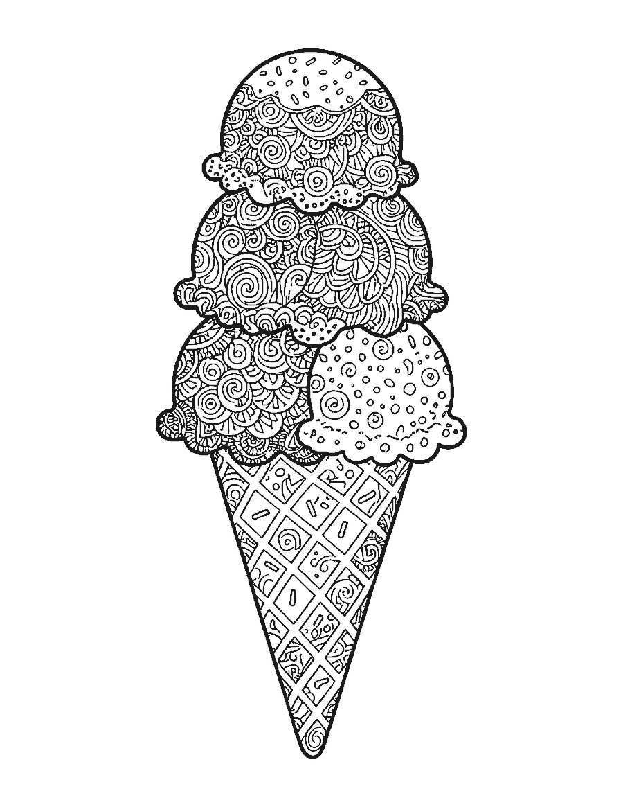 Line drawing of a five-scoop cone with every scoop filled with doodle patterns