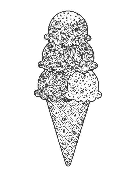 Line drawing of a five-scoop cone with every scoop filled with doodle patterns