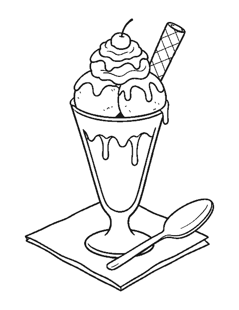 Line drawing of a sundae in a glass dish with whipped cream, a cherry and a long spoon