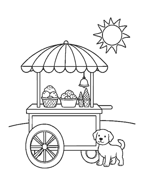 Line drawing of an ice cream cart with a striped umbrella, stacked cones and a puppy