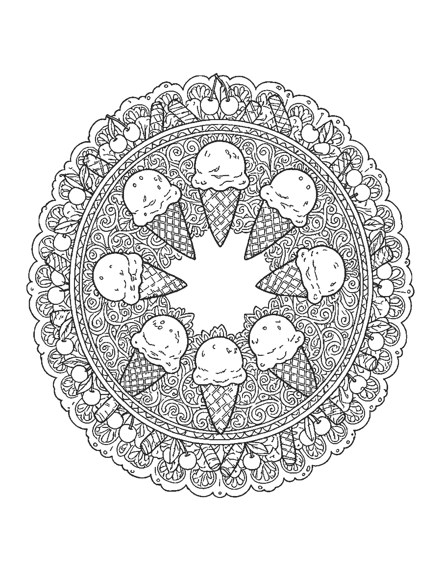 Line drawing of ice cream cones arranged in a circle inside a border of cherries and lace