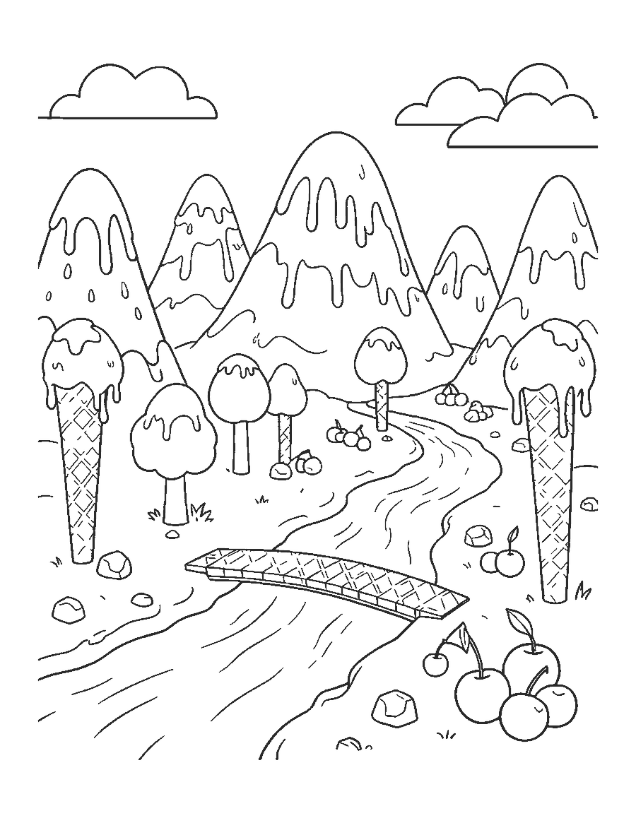 Line drawing of a fantasy land with ice cream mountains, cone trees and a chocolate river