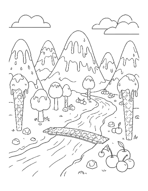 Line drawing of a fantasy land with ice cream mountains, cone trees and a chocolate river