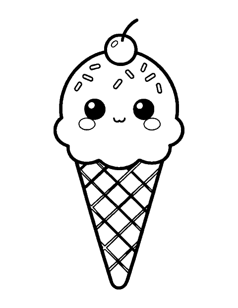 Line drawing of a cute ice cream cone with a smiling face, sprinkles and a cherry