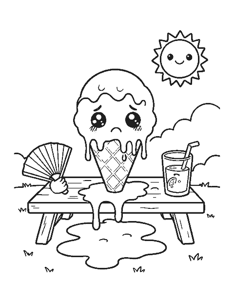 Line drawing of a cute worried ice cream cone melting on a picnic table in the sun