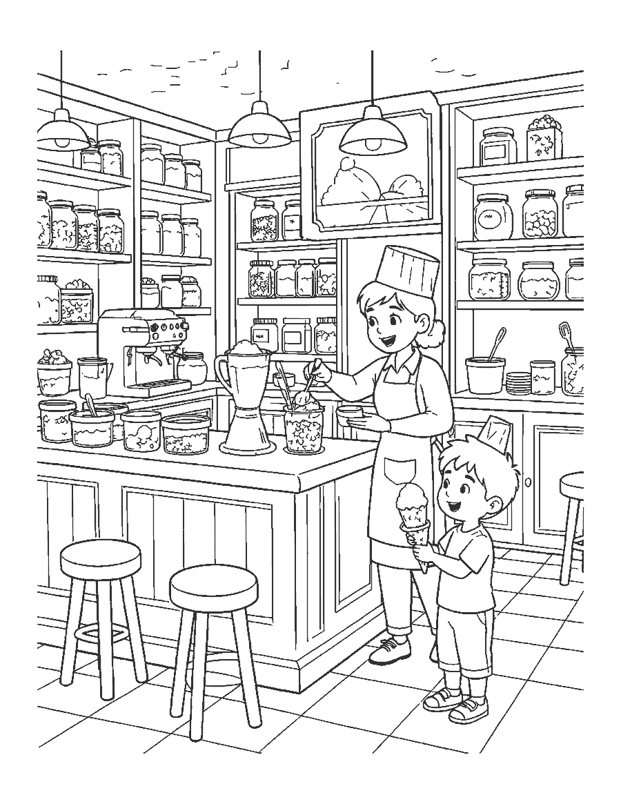 Line drawing of an old-fashioned ice cream parlor with stools, tubs and a server scooping