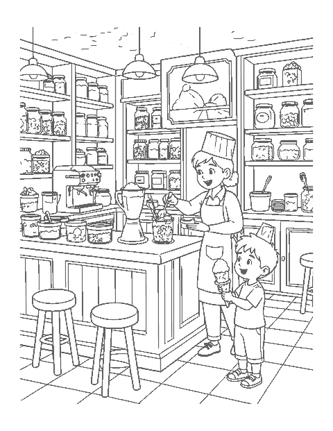 Line drawing of an old-fashioned ice cream parlor with stools, tubs and a server scooping