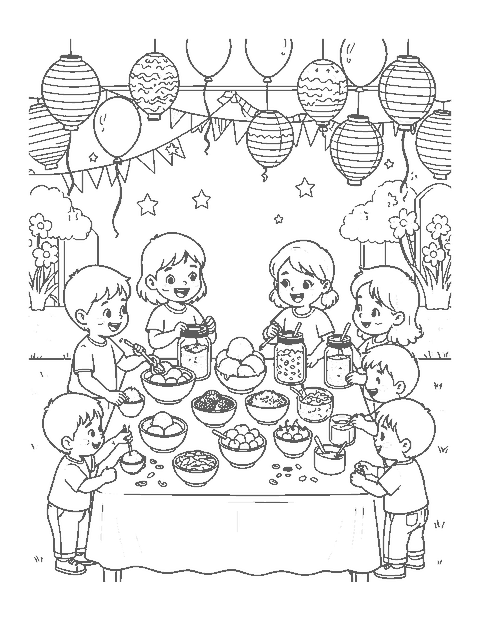 Line drawing of children choosing toppings at a sundae bar with balloons and lanterns