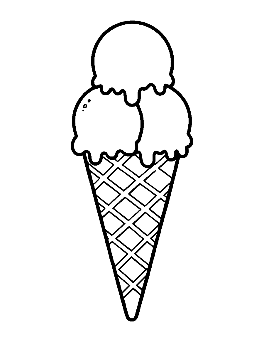 Line drawing of a tall cone with three stacked scoops of ice cream