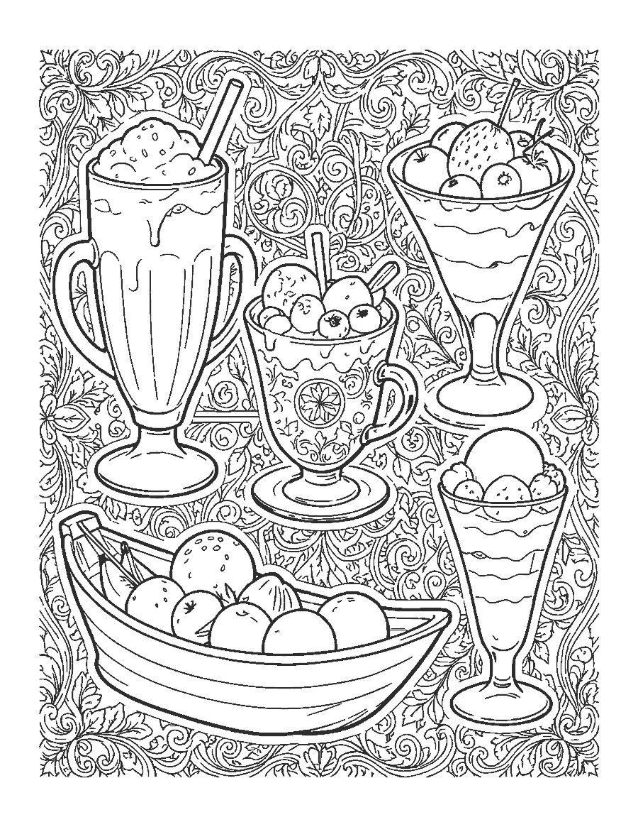 Line drawing of a milkshake, banana split, ice cream float and parfait in fine detail