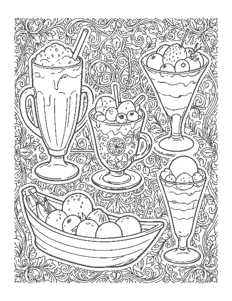 Line drawing of a milkshake, banana split, ice cream float and parfait in fine detail