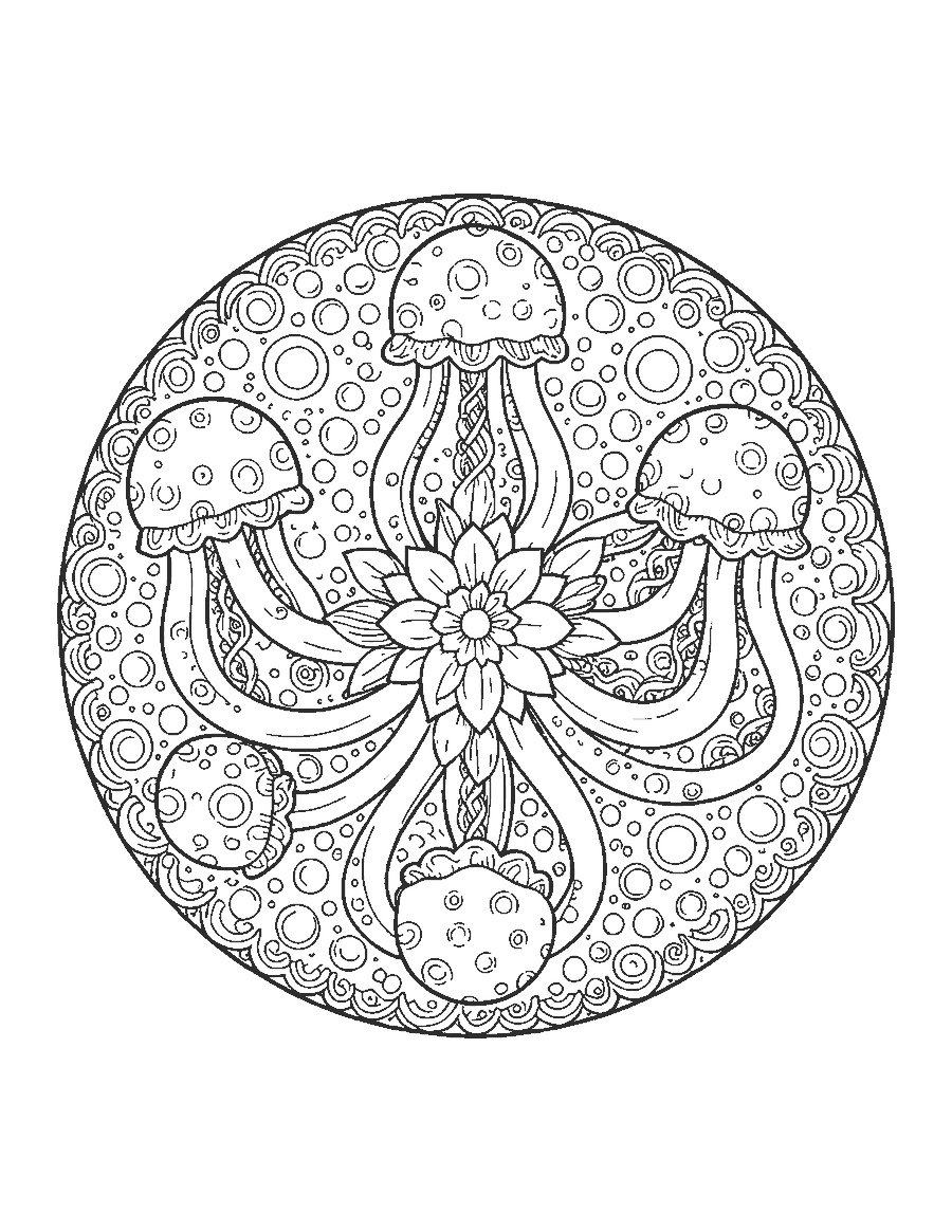 Line drawing of a mandala of jellyfish bells with tentacles curling into rings of waves and dots