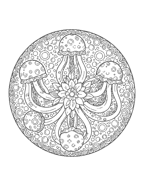 Line drawing of a mandala of jellyfish bells with tentacles curling into rings of waves and dots