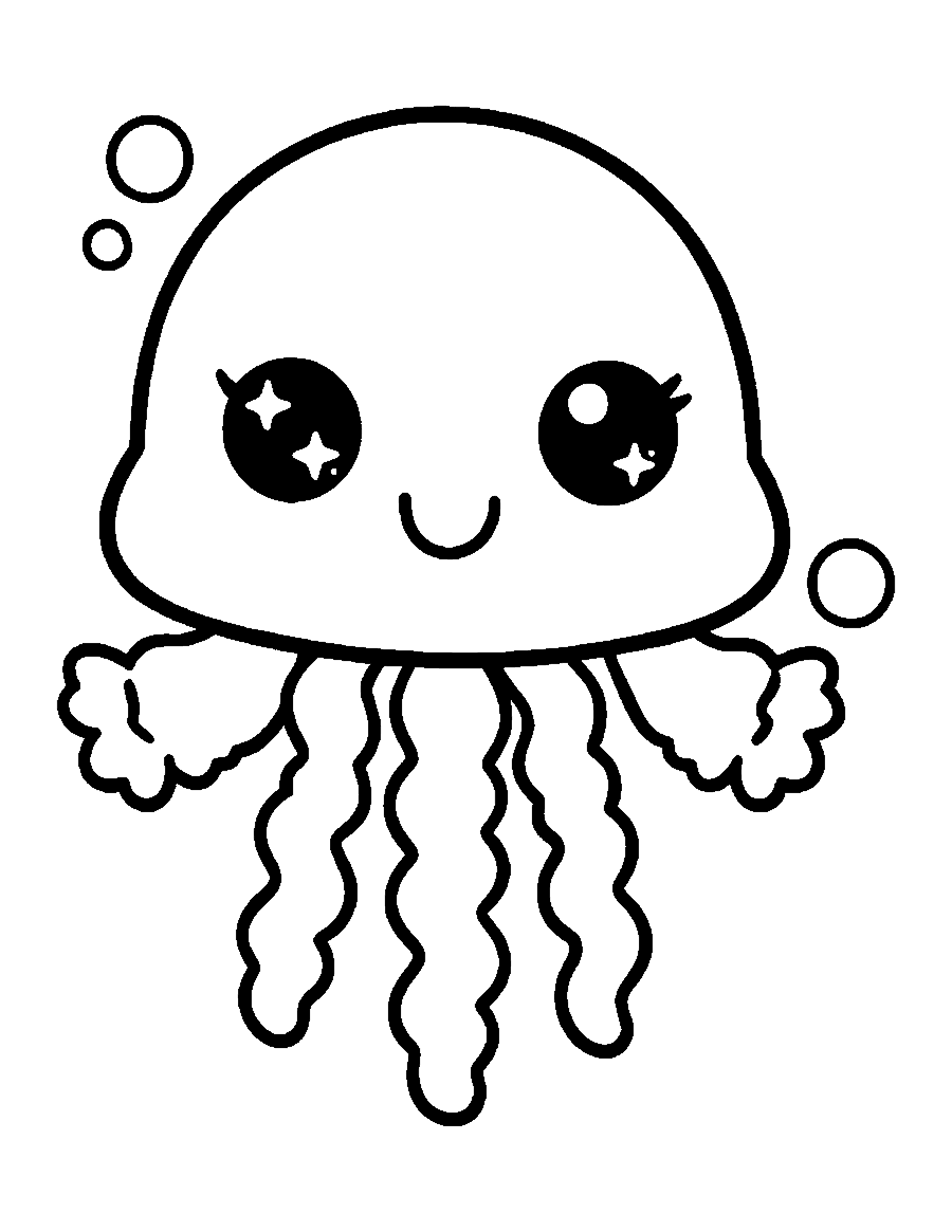 Line drawing of a cute chibi jellyfish with a round bell and curly tentacles