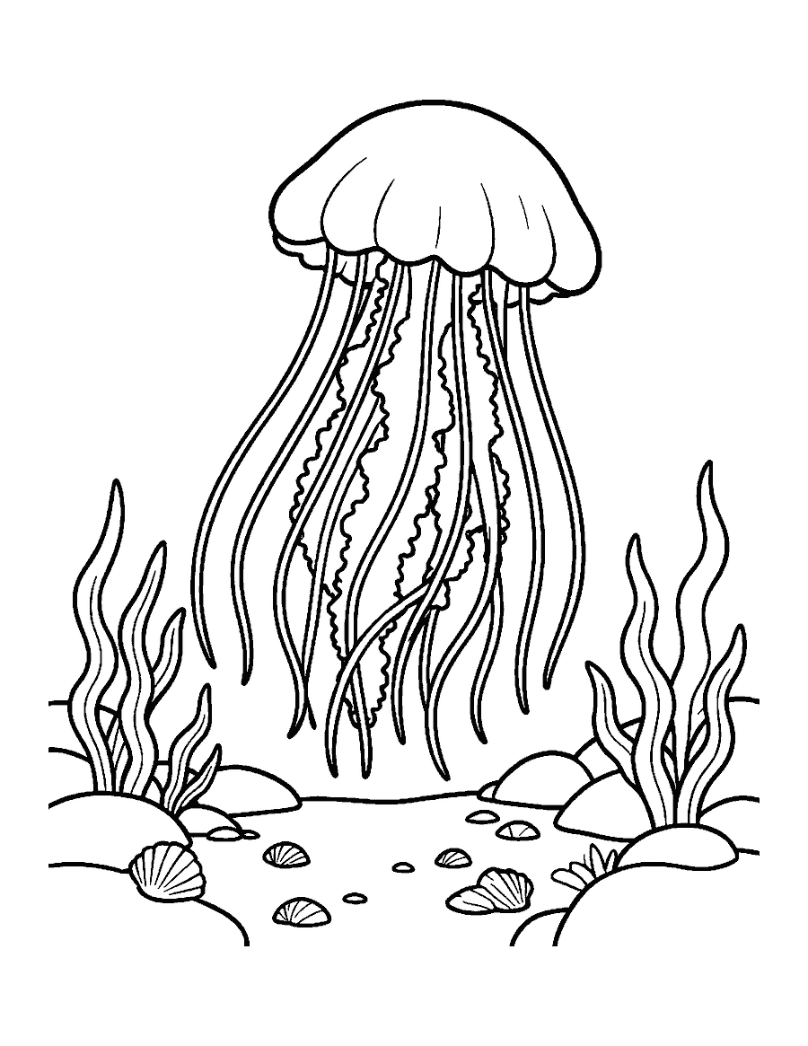 Line drawing of a lion's mane jellyfish trailing long tentacles above a rocky sea floor
