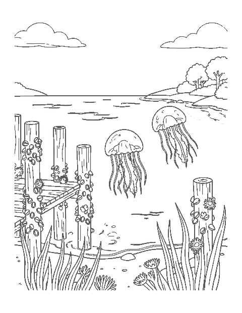 Line drawing of three moon jellyfish drifting beside pier posts covered in mussels and anemones