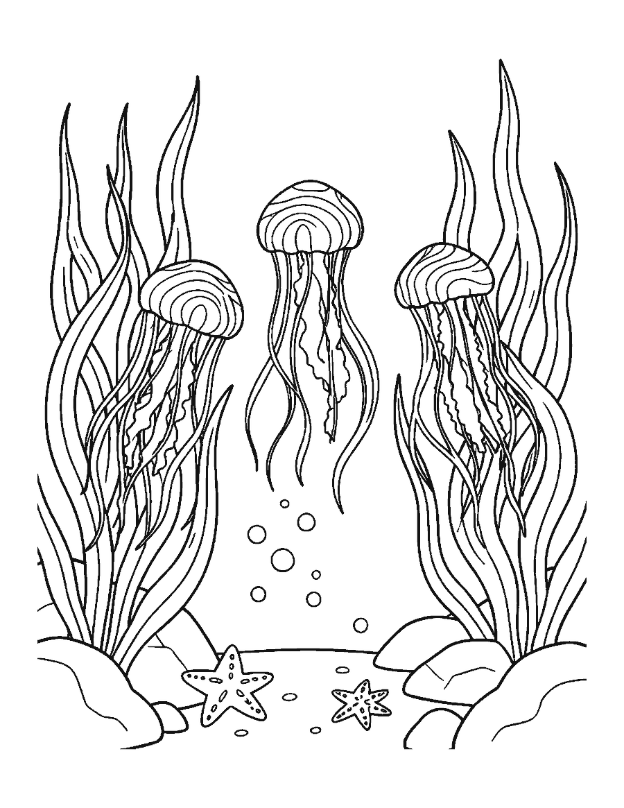 Line drawing of three sea nettle jellyfish with ribbon-like arms drifting among tall kelp